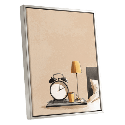 Quiet Morning, beige, black, gold minimalist wall art shown as a silver framed canvas wall art