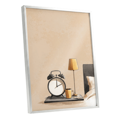 Quiet Morning, beige, black, gold minimalist wall art shown as a silver framed poster wall art print