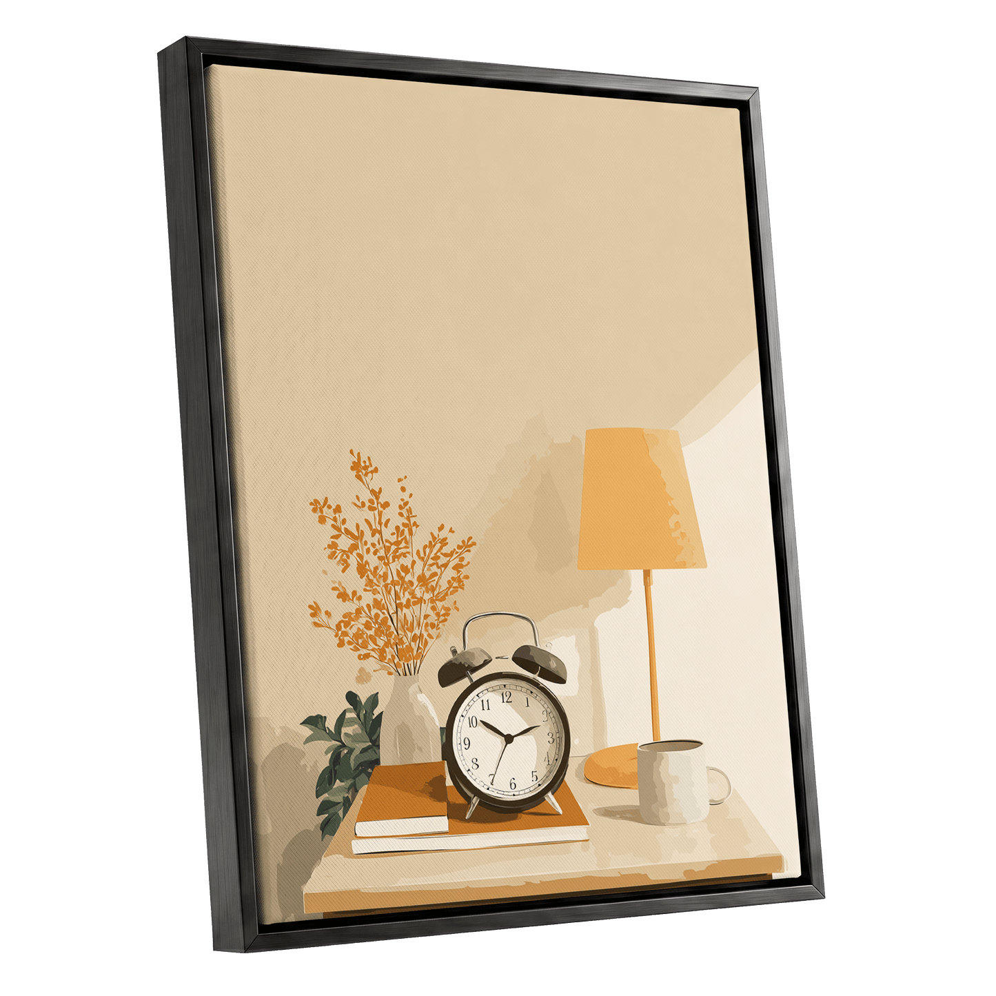 Quiet Morning Still Life, beige, orange, brown minimalist wall art shown as a black framed canvas wall art