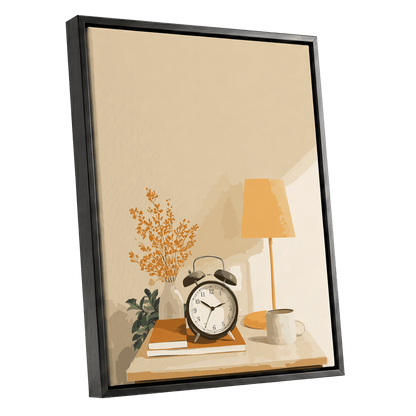 Quiet Morning Still Life, beige, orange, brown minimalist wall art shown as a black framed canvas wall art