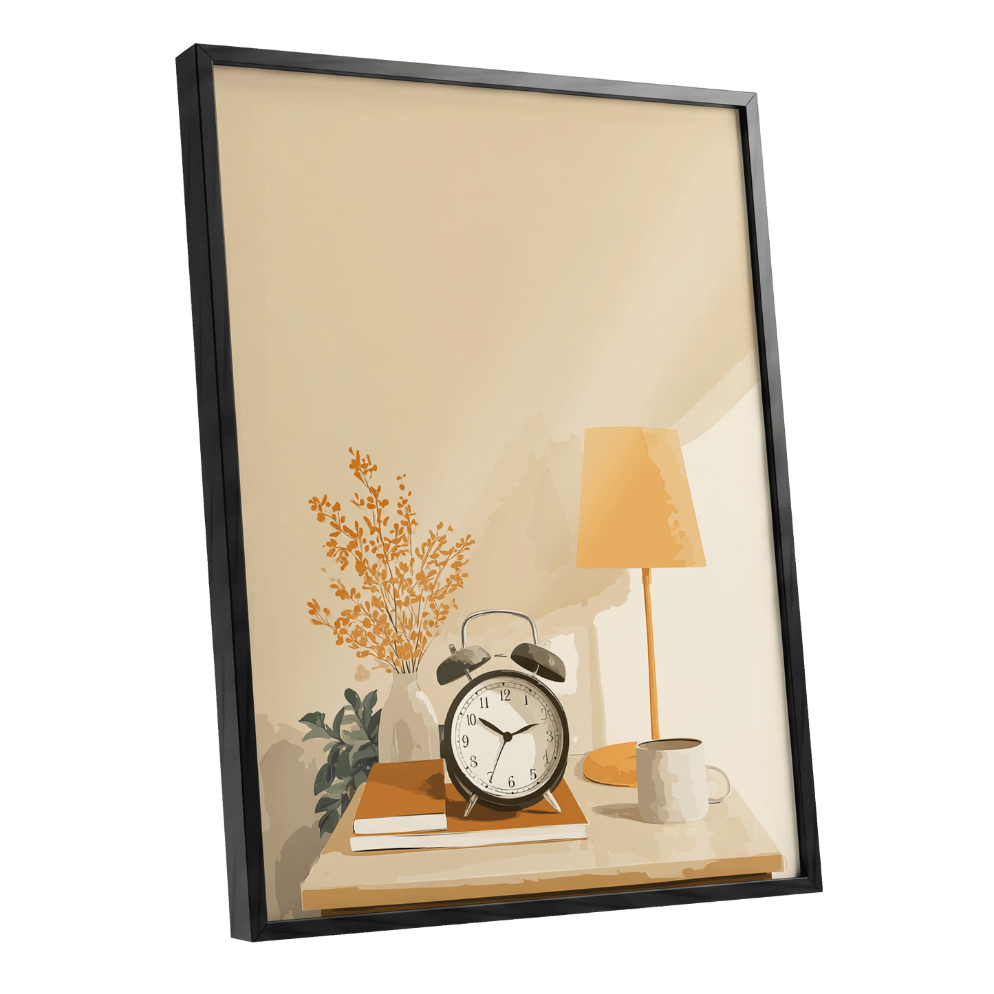 Quiet Morning Still Life, beige, orange, brown minimalist wall art shown as a black framed poster wall art print