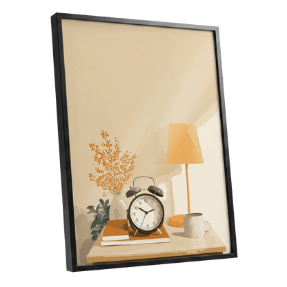 Quiet Morning Still Life, beige, orange, brown minimalist wall art shown as a black framed poster wall art print