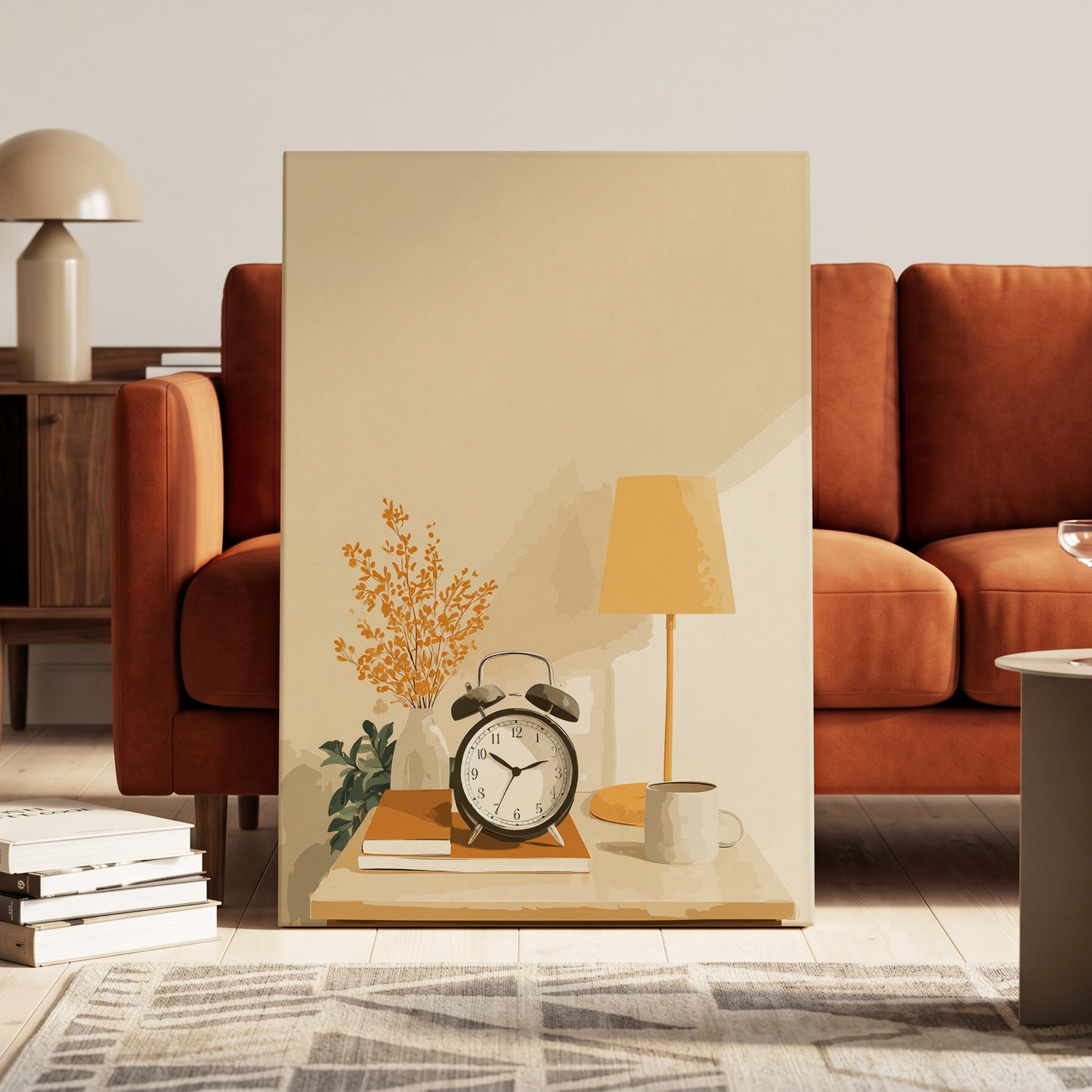Quiet Morning Still Life, beige, orange, brown minimalist wall art on canvas displayed in a styled interior, gallery view 1