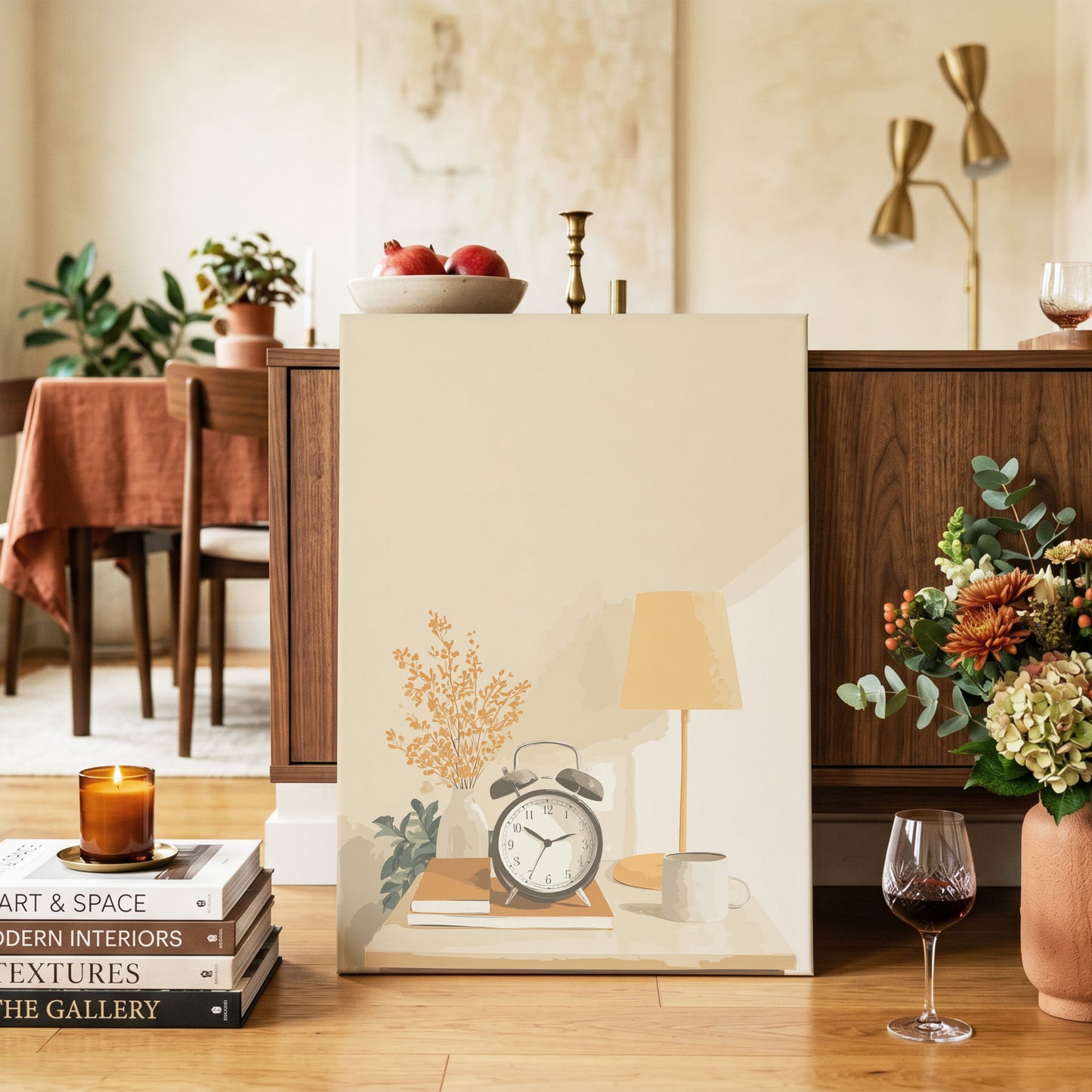 Quiet Morning Still Life, beige, orange, brown minimalist wall art on canvas displayed in a styled interior, gallery view 2