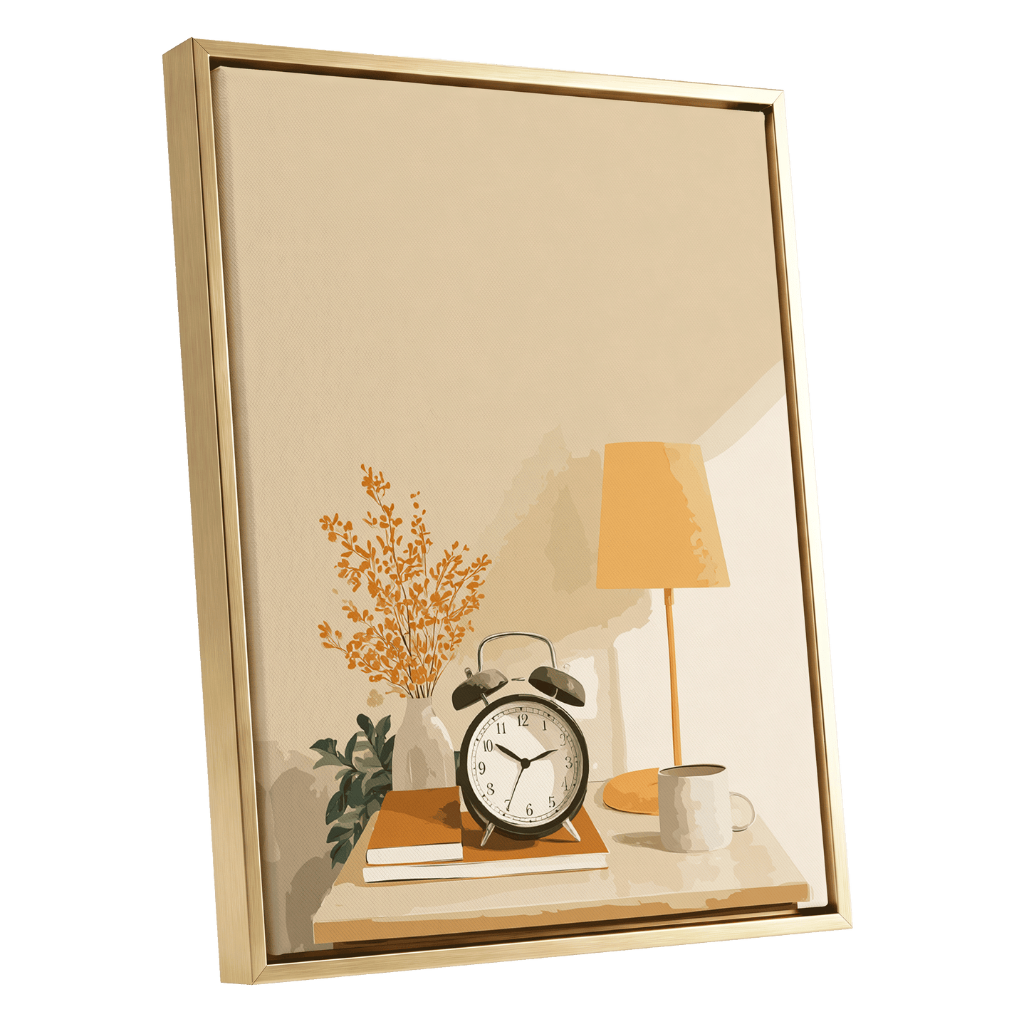 Quiet Morning Still Life, beige, orange, brown minimalist wall art shown as a gold framed canvas wall art