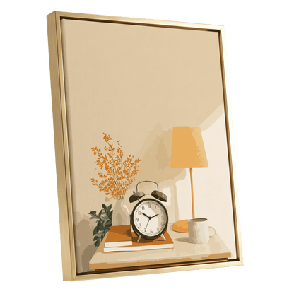 Quiet Morning Still Life, beige, orange, brown minimalist wall art shown as a gold framed canvas wall art