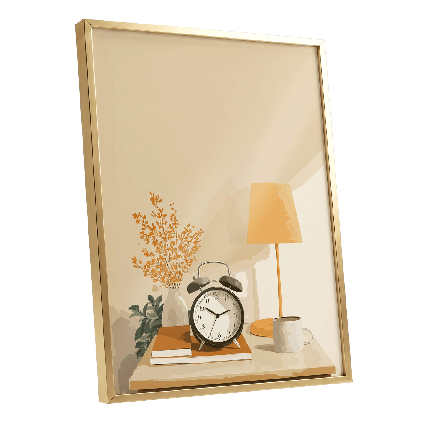 Quiet Morning Still Life, beige, orange, brown minimalist wall art shown as a gold framed poster wall art print