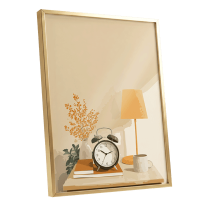 Quiet Morning Still Life, beige, orange, brown minimalist wall art shown as a gold framed poster wall art print