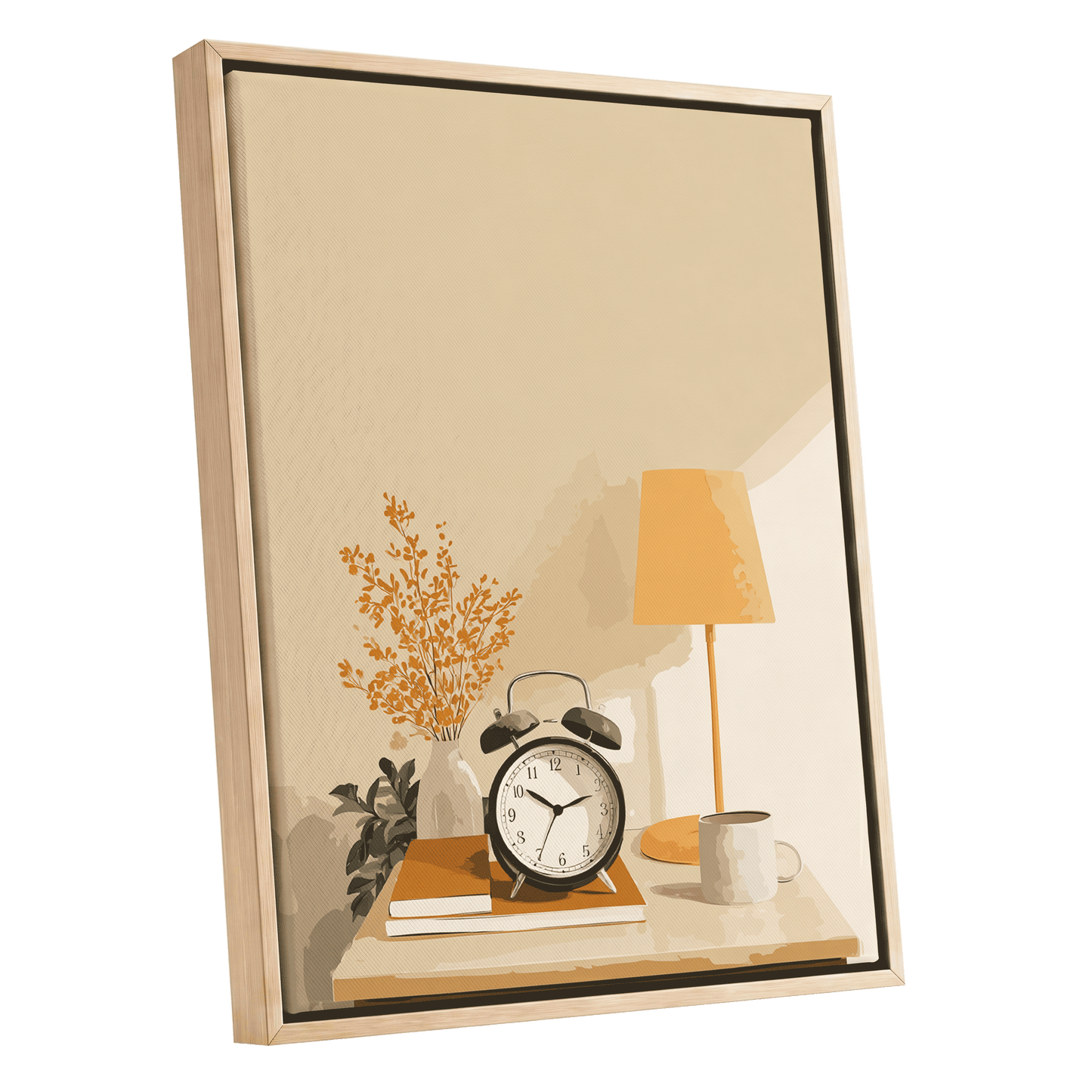Quiet Morning Still Life, beige, orange, brown minimalist wall art shown as a oak framed canvas wall art