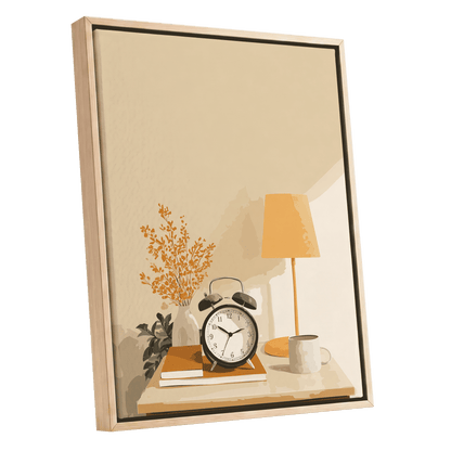 Quiet Morning Still Life, beige, orange, brown minimalist wall art shown as a oak framed canvas wall art