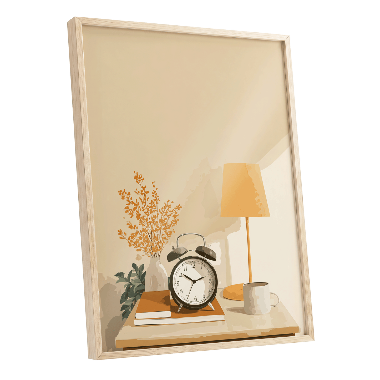 Quiet Morning Still Life, beige, orange, brown minimalist wall art shown as a oak framed poster wall art print