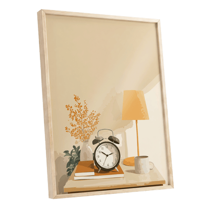 Quiet Morning Still Life, beige, orange, brown minimalist wall art shown as a oak framed poster wall art print