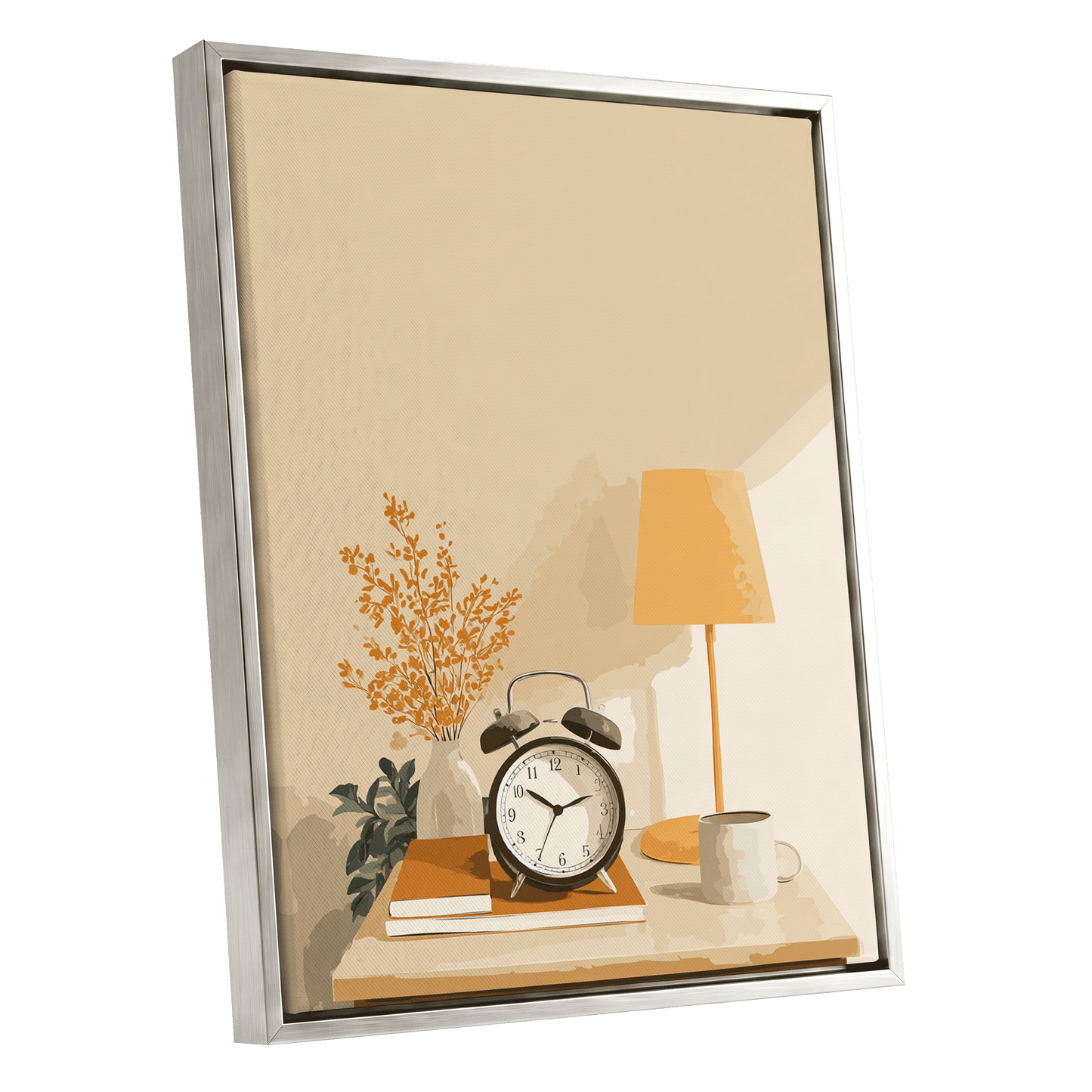 Quiet Morning Still Life, beige, orange, brown minimalist wall art shown as a silver framed canvas wall art