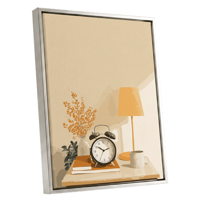 Quiet Morning Still Life, beige, orange, brown minimalist wall art shown as a silver framed canvas wall art