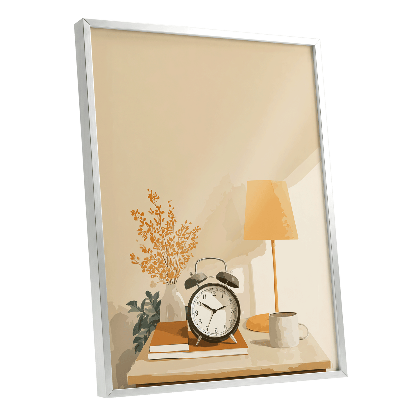 Quiet Morning Still Life, beige, orange, brown minimalist wall art shown as a silver framed poster wall art print