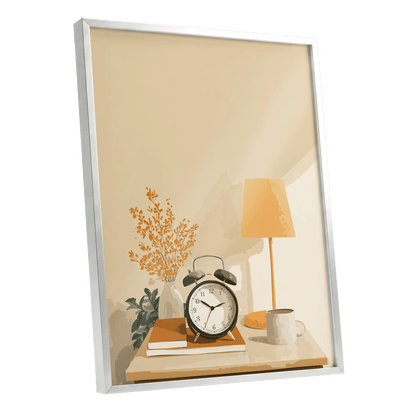 Quiet Morning Still Life, beige, orange, brown minimalist wall art shown as a silver framed poster wall art print