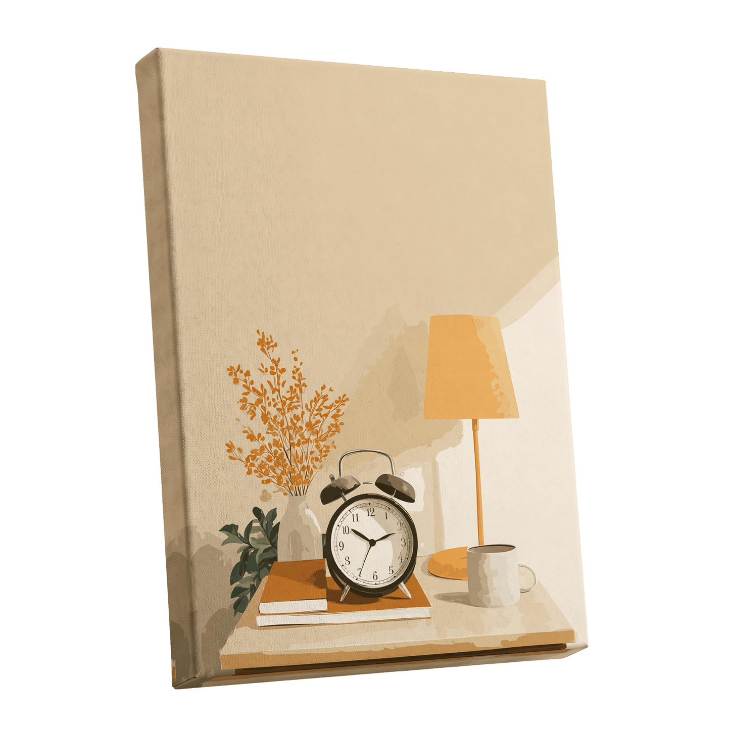Quiet Morning Still Life, beige, orange, brown minimalist wall art shown as a stretched canvas wall art
