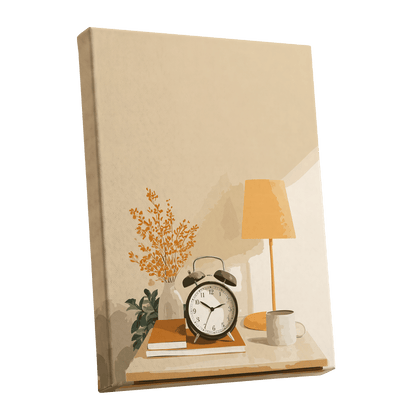 Quiet Morning Still Life, beige, orange, brown minimalist wall art shown as a stretched canvas wall art