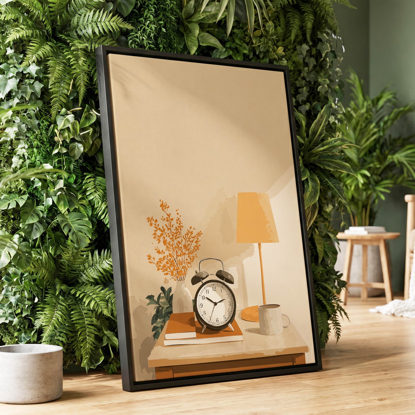 Quiet Morning Still Life, beige, orange, brown minimalist wall art displayed in a styled interior, gallery view 1