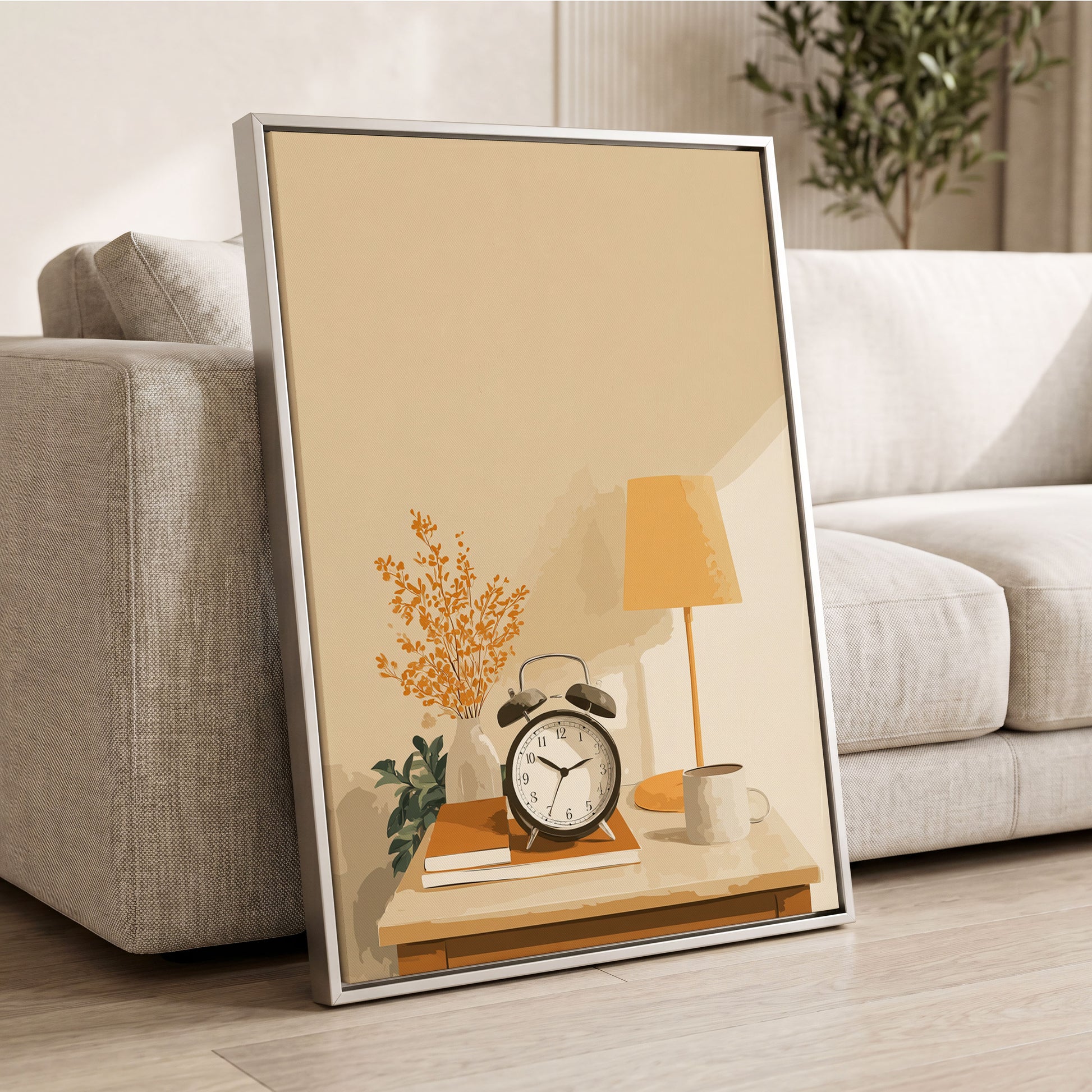 Quiet Morning Still Life, beige, orange, brown minimalist wall art displayed in a styled interior, gallery view 2