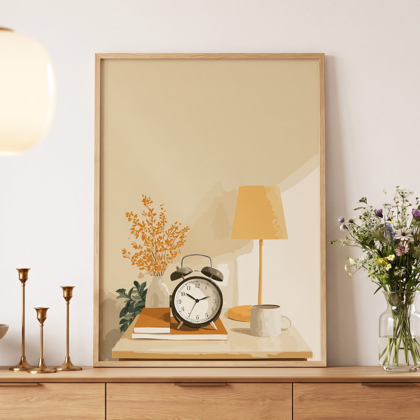 Quiet Morning Still Life, beige, orange, brown minimalist wall art displayed in a styled interior, gallery view 5