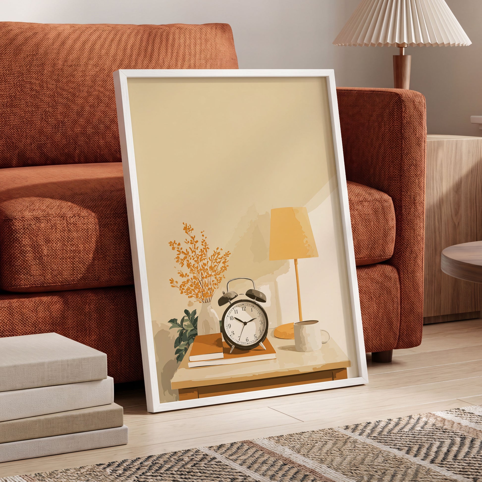 Quiet Morning Still Life, beige, orange, brown minimalist wall art displayed in a styled interior, gallery view 6