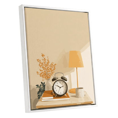 Quiet Morning Still Life, beige, orange, brown minimalist wall art shown as a white framed canvas wall art