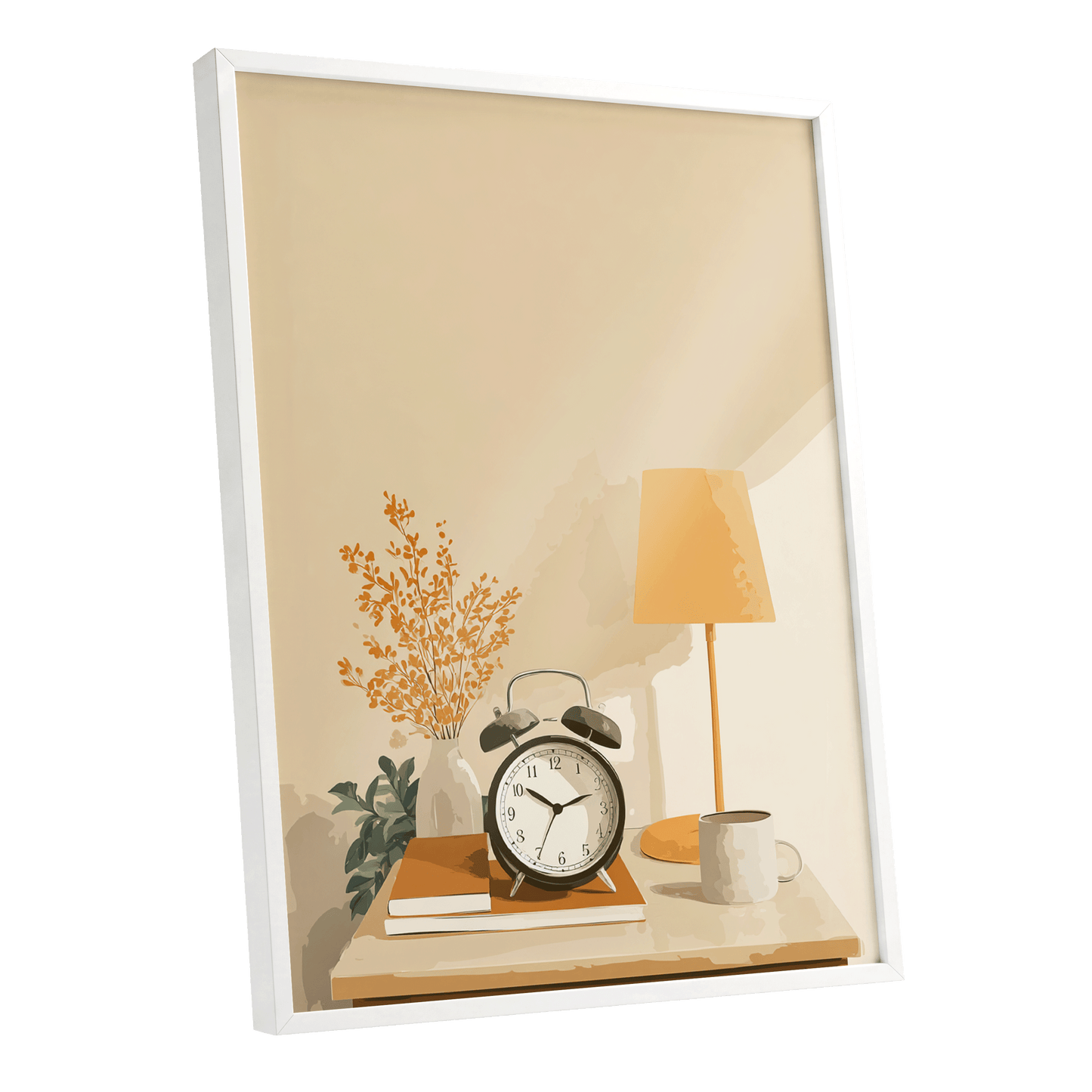 Quiet Morning Still Life, beige, orange, brown minimalist wall art shown as a white framed poster wall art print