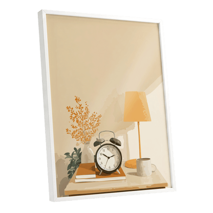 Quiet Morning Still Life, beige, orange, brown minimalist wall art shown as a white framed poster wall art print
