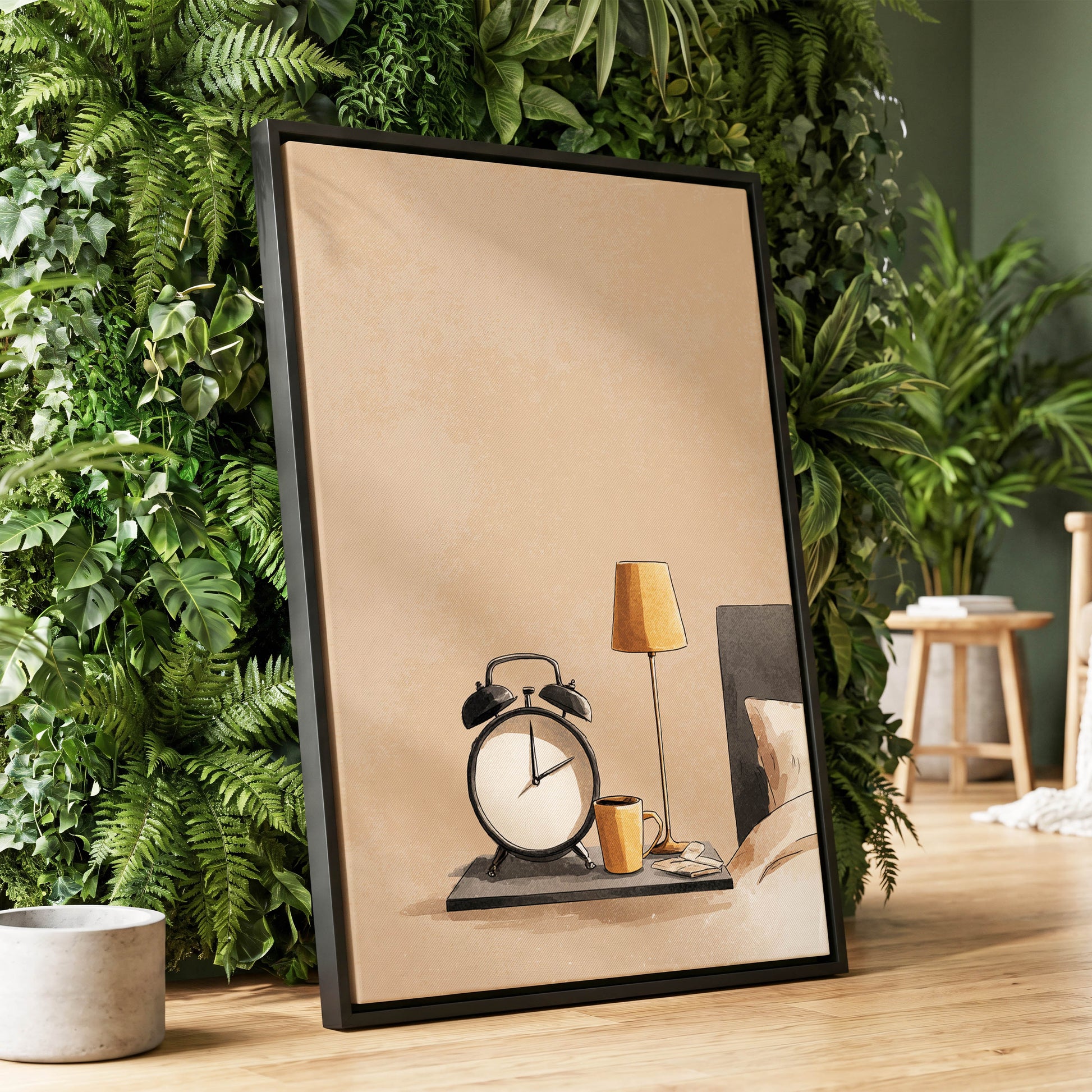 Quiet Morning, beige, black, gold minimalist wall art displayed in a styled interior, gallery view 1