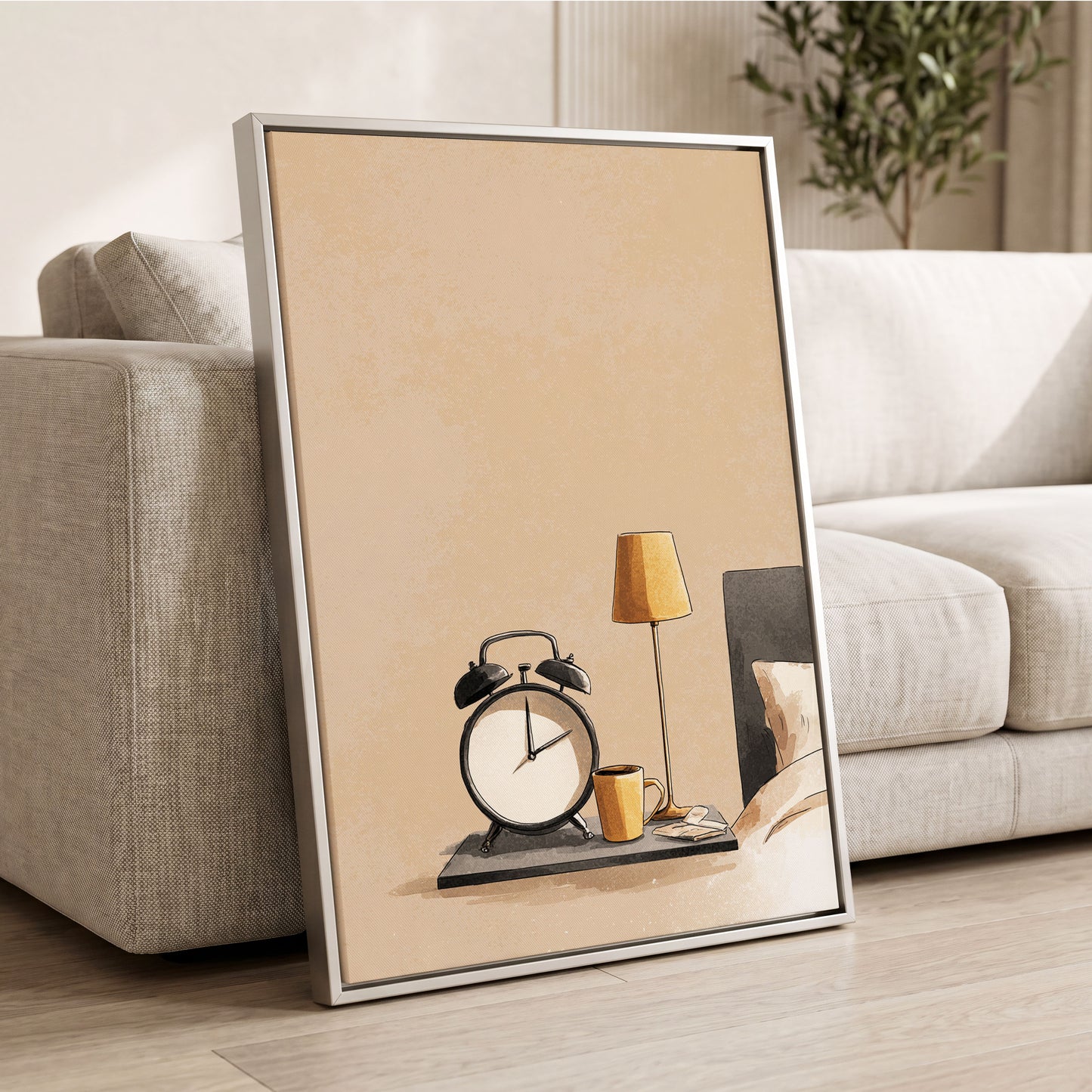 Quiet Morning, beige, black, gold minimalist wall art displayed in a styled interior, gallery view 2