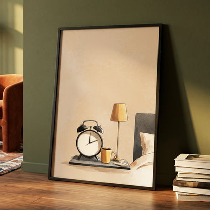 Quiet Morning, beige, black, gold minimalist wall art displayed in a styled interior, gallery view 4