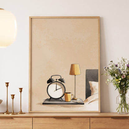 Quiet Morning, beige, black, gold minimalist wall art displayed in a styled interior, gallery view 5