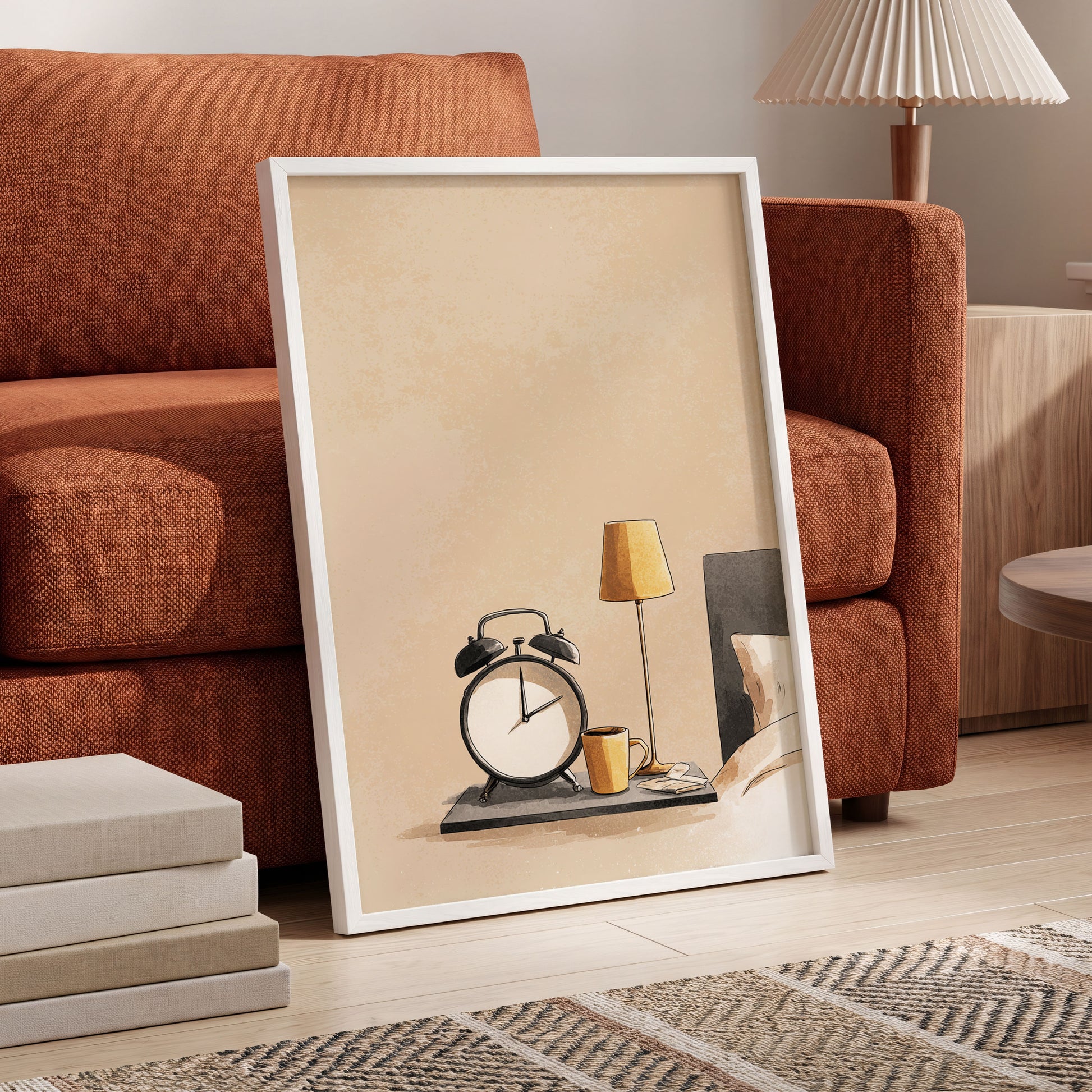 Quiet Morning, beige, black, gold minimalist wall art displayed in a styled interior, gallery view 6