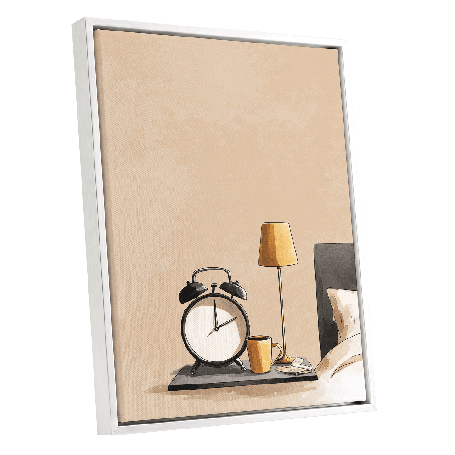 Quiet Morning, beige, black, gold minimalist wall art shown as a white framed canvas wall art