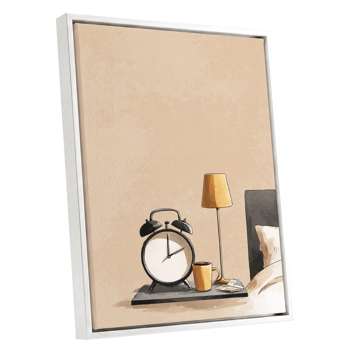 Quiet Morning, beige, black, gold minimalist wall art shown as a white framed canvas wall art