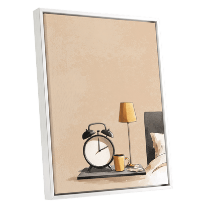 Quiet Morning, beige, black, gold minimalist wall art shown as a white framed canvas wall art