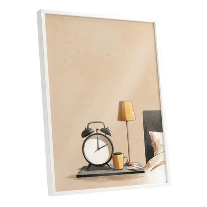 Quiet Morning, beige, black, gold minimalist wall art shown as a white framed poster wall art print