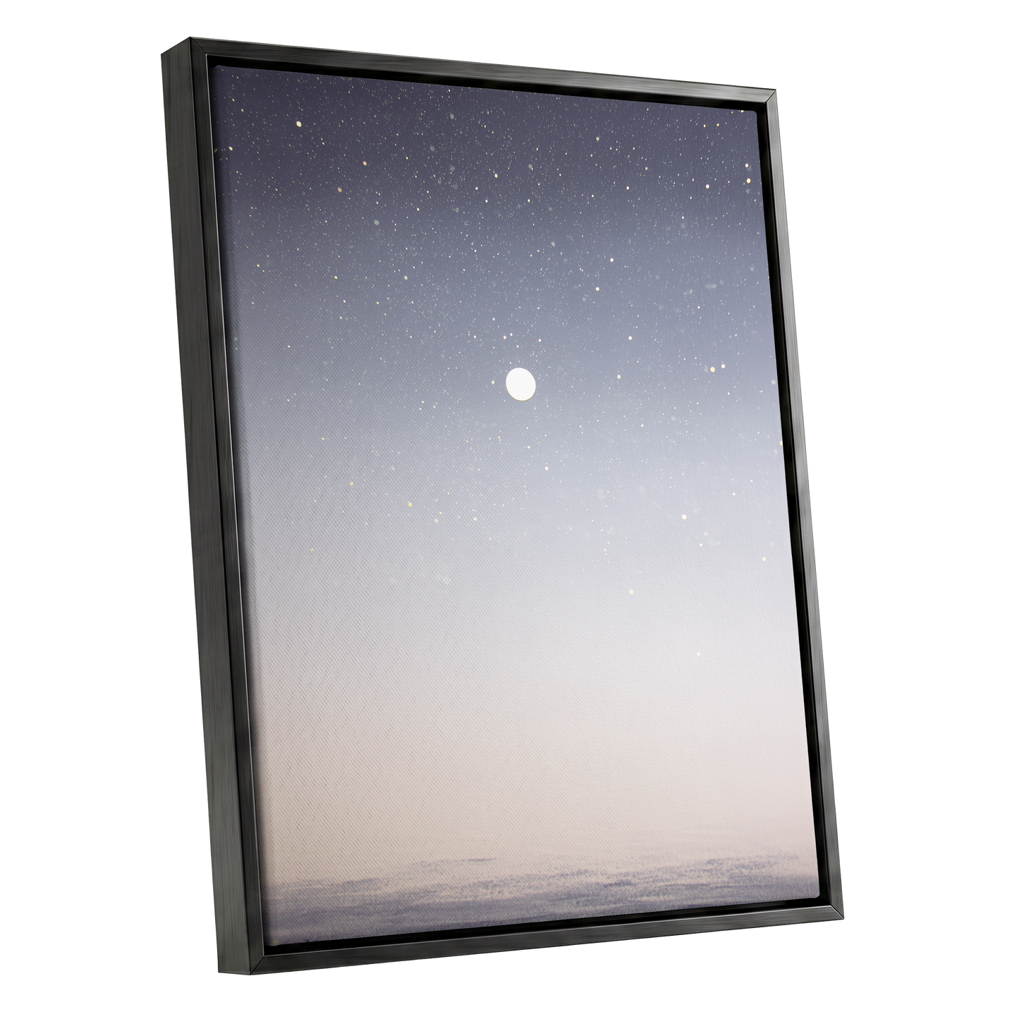 Quiet Orbit, gray, white, gold nature wall art shown as a black framed canvas wall art