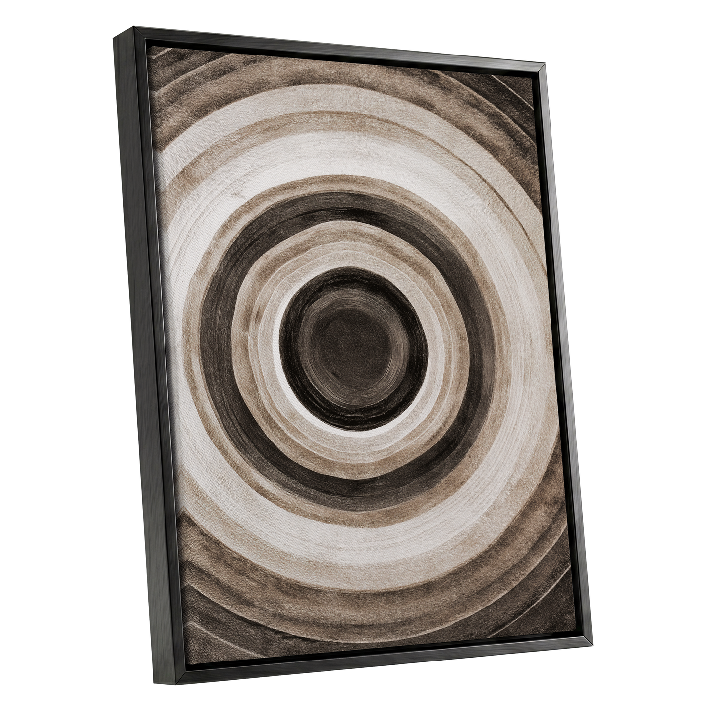 Quiet Orbit, black, brown, beige abstract wall art shown as a black framed canvas wall art