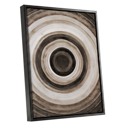 Quiet Orbit, black, brown, beige abstract wall art shown as a black framed canvas wall art