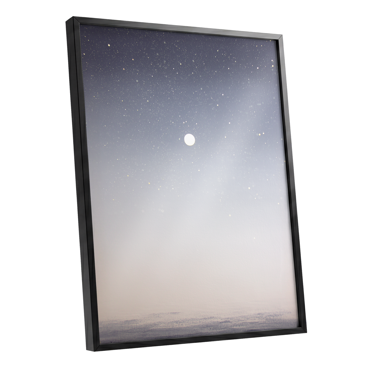 Quiet Orbit, gray, white, gold nature wall art shown as a black framed poster wall art print