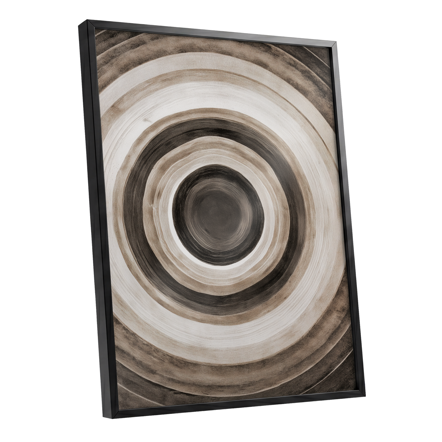 Quiet Orbit, black, brown, beige abstract wall art shown as a black framed poster wall art print