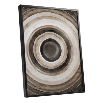 Quiet Orbit, black, brown, beige abstract wall art shown as a black framed poster wall art print