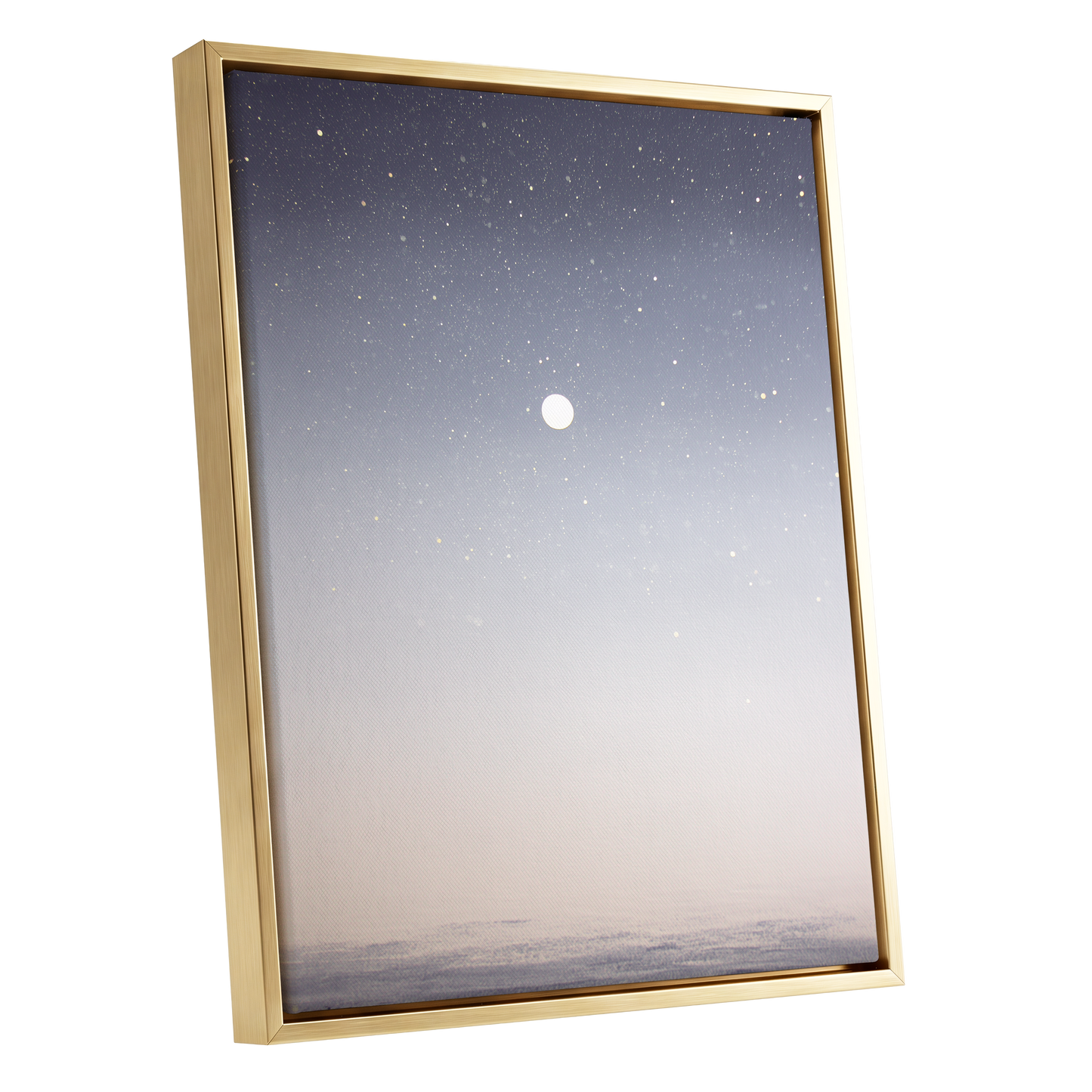 Quiet Orbit, gray, white, gold nature wall art shown as a gold framed canvas wall art