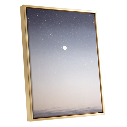 Quiet Orbit, gray, white, gold nature wall art shown as a gold framed canvas wall art
