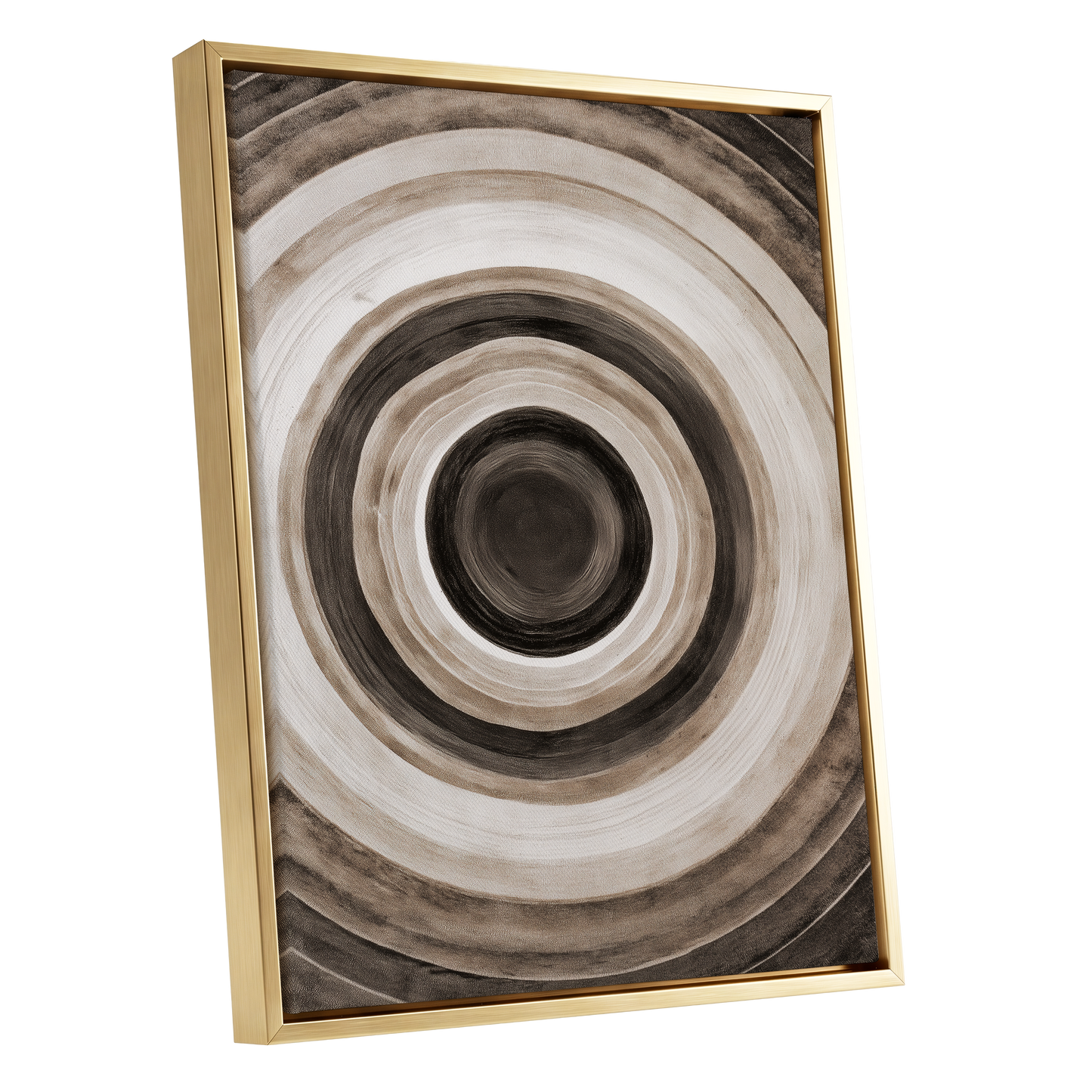 Quiet Orbit, black, brown, beige abstract wall art shown as a gold framed canvas wall art