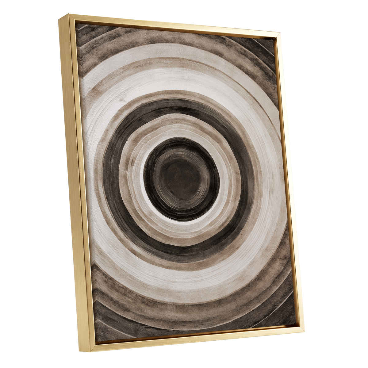 Quiet Orbit, black, brown, beige abstract wall art shown as a gold framed canvas wall art