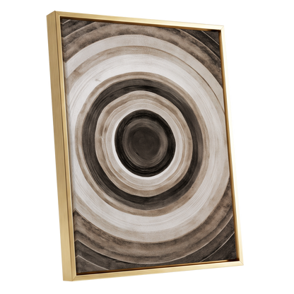 Quiet Orbit, black, brown, beige abstract wall art shown as a gold framed canvas wall art