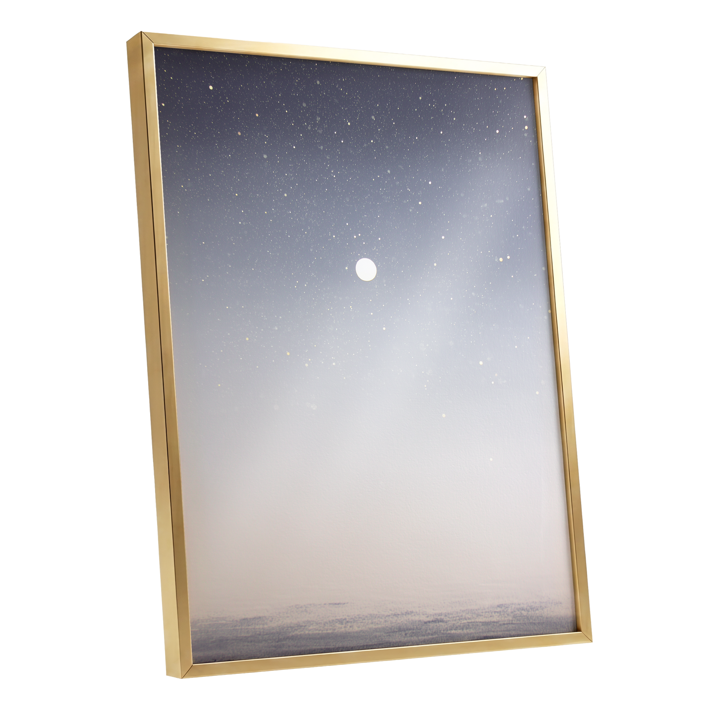 Quiet Orbit, gray, white, gold nature wall art shown as a gold framed poster wall art print